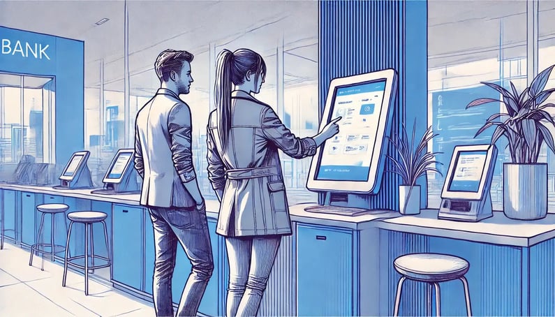 woman and man in the modern bank branch using tablet to solve their matter